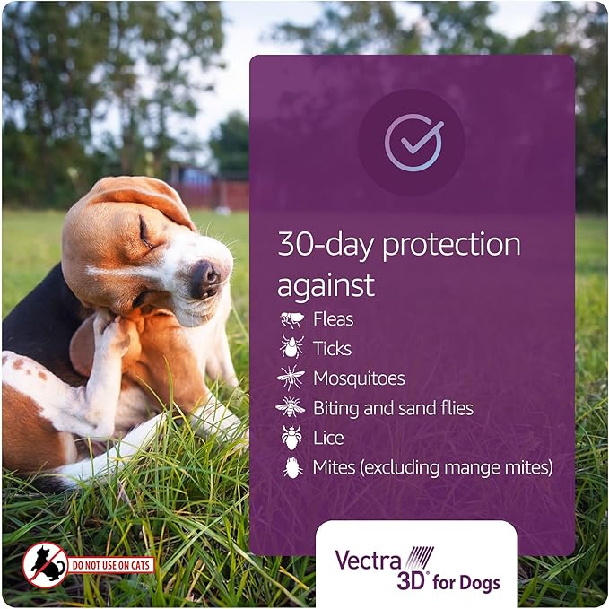 Vectra 3D Flea and Tick Prevention for Dogs, Kills and Repels Fleas, Ticks & Mosquitoes | Fast‑Acting, Waterproof, No Prescription Needed | Medium Dogs 21-55 lbs, 6‑Month Supply