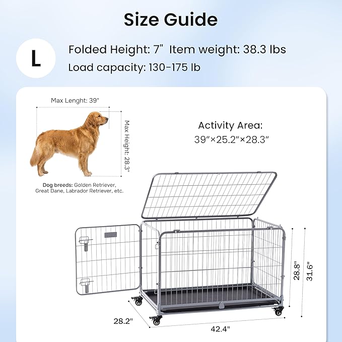 ZOMISIA Collapsible Dog Crate for Large Dogs - 42 inch Escape Proof Double Door Metal Dog Kennel with Lockable Wheels, Easy Assembly Foldable Cage with Removable Tray for Indoor Outdoor, Silver Gray