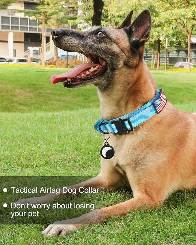 Hotsky Tactical Dog Collar and Leash Set, Heavy Duty Military Airtag Dog Collar with Handle and Metal Buckle for Training and Walking, with Airtag Holder and Two Patches (Blue Camo, XL)