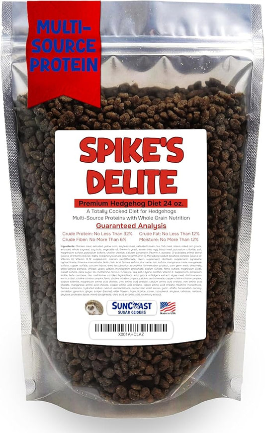 Suncoast Spike's Delite Premium Hedgehog Diet Food - High Energy Protein, Vitamins & Minerals, Natural Cooked Kibble, Complete Nutrition for Baby, Growing & Breeding Hedgehogs - 1.5 lbs