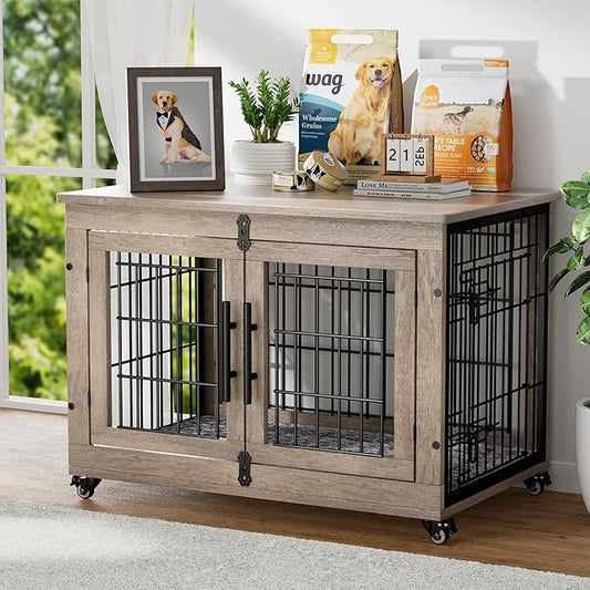 YaFiti Dog Crate Furniture with Cushion, Wooden Dog Kennel with Double Doors, Heavy Duty Dog Cage End Table with Wheels, Dog House Indoor for Small Medium Dogs up to 45 lb, 32.5” L, Grey