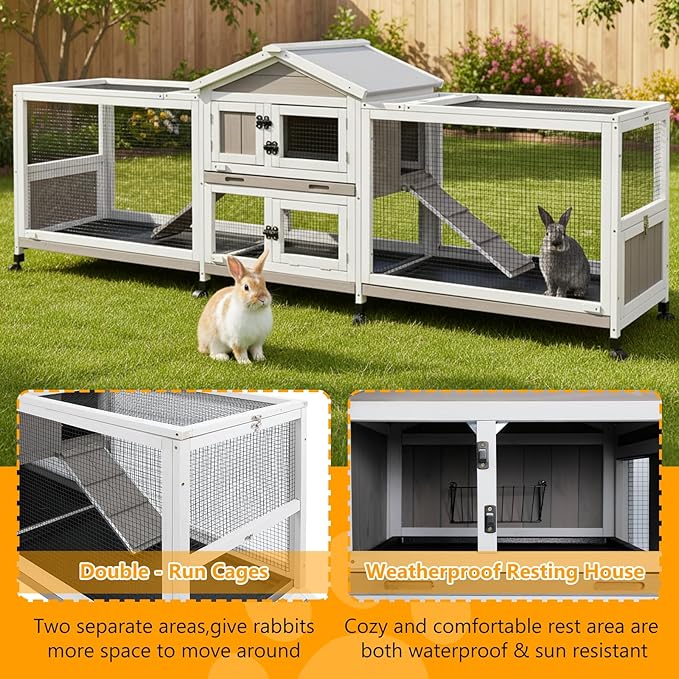 Gowoodhut 2 Story Rabbit Hutch Indoor & Outdoor Wooden Rabbit Cage 93" Bunny Cage with Dual Metal Run,8 Wheels,4 Leak-Proof Trays,Anti Chew Ramp,Small Pet House for 1-3 Rabbits,Guinea Pigs Hamster