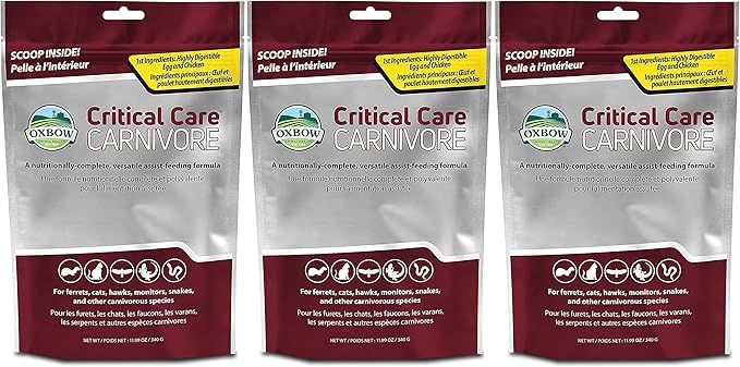 Oxbow 3 Pack of Critical Care Carnivore Assist-Feeding Formula, 11.99 Ounces Each, for Ferrets, Cats, Hawks, Monitors, Snakes, and Other Carnivorous Species