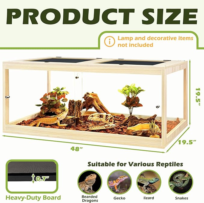 PROLEE Reptile Tank, 82 Gallon Beard Dragon Tank, Tempered Glass Reptile Encloure and Snake Tank with Locking Design for Lizard,Gecko,Chameleon (48"X19.5"X19.5",Oak)