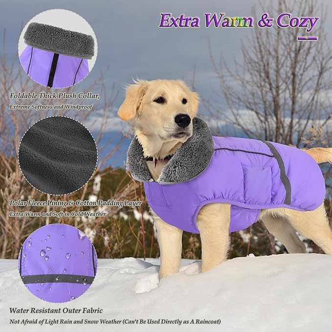 Dogcheer Warm Dog Coat, Waterproof Dog Jacket Christmas Puppy Winter Coat with Buckle, Reflective Adjustable Pet Snow Jacket Fleece Sweater for Small Medium Large Dogs - Taro Purple 3XL