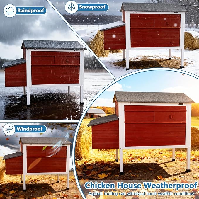 FunXplore Chicken Coop Hen House Wooden Insulated Poultry Cage Rabbit Hutch with Nesting Box Asphalt Roof Pull-Out Metal Tray Elevated Legs Removable PVC Layer