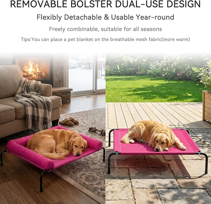 Cooling Elevated Dog Bed for Large Dogs, Portable Indoor & Outdoor Raised Dog Bed with Breathable Mesh, Chew Proof Pet Hammock Cots with Removable and Waterproof Bolsters