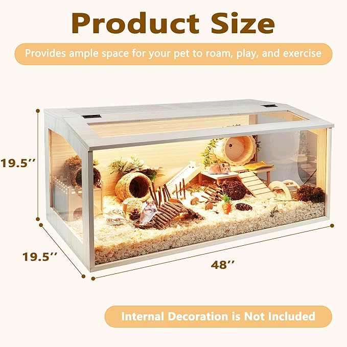 PROLEE Hamster Cage with Chewproof Wood Top, Guinea Pig Cages, Hamster Habitat with Clear Acrylic Sheets Solid Built, Small Animal Cage (Oak, 48X19.5X19.5 inch)