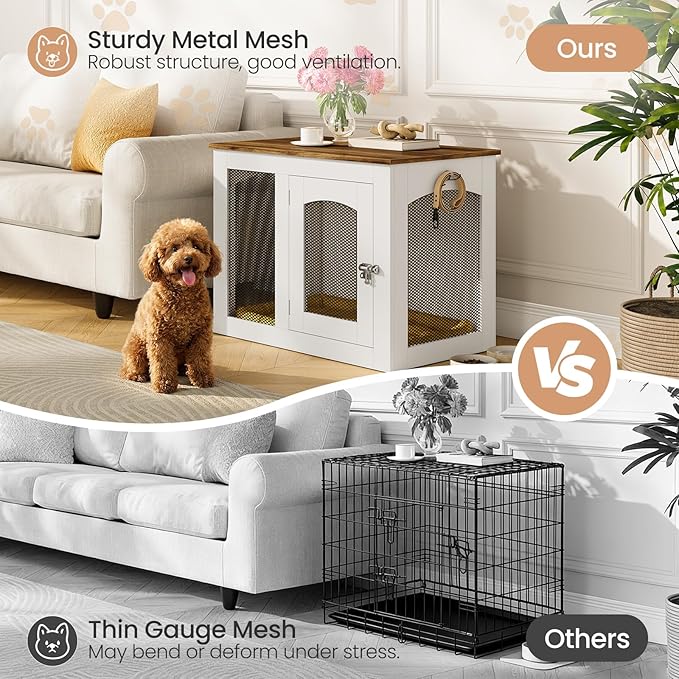 CHOEZON Wooden 30.1" Dog Crate Furniture, Farmhouse Pet Cage End Table with Secure Lock, Ventilated Mesh for Medium Dogs, Dog Kennel Furniture for Living Room, Bedroom, White and Walnut MGW02WL