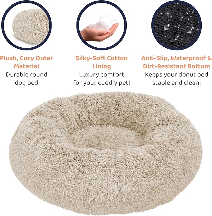 Donut Dog Bed - Premium Comfort for Anxiety Relief - Fluffy & Calming Design with Ultra-Plush Support | Cozy Round Dog Bed with Super Soft Circle Style (Beige, Small)