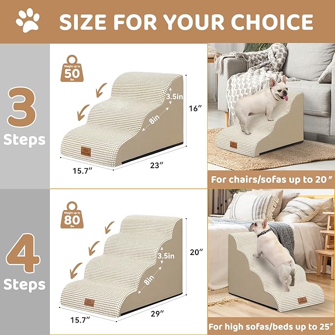 Zerbuger Dog Ramp and Stair for Bed 16" H-20 H,3-Step Cat Stair for Sofa and Chair,4-Step Dog Ramp for High Bed and Window,Durable Nonslip Fabric Cover for Indoor (Beige-20 H, Pet Friendly, 4)