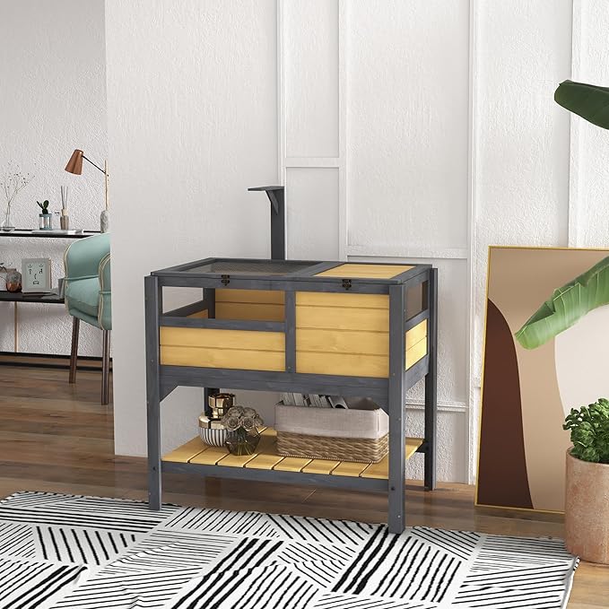 Turtle Habitat Enclosure, Large Wooden Tortoise House for Indoor and Outdoor Use, Reptile Enclosure with Openable Roof & Secure Locking System (Yellow+Storage Shelf)