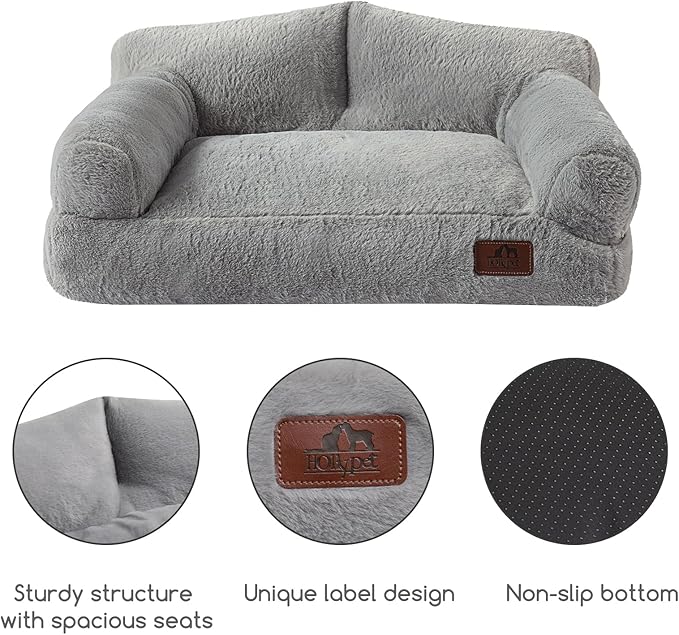 Hollypet Fluffy Dog Cat Bed Pet Couch Beds Plush Soft Warming Washable Puppy Bed for Small Medium Dogs and Large Cats, Silver Gray, 24" L x 18" W x 10" Th