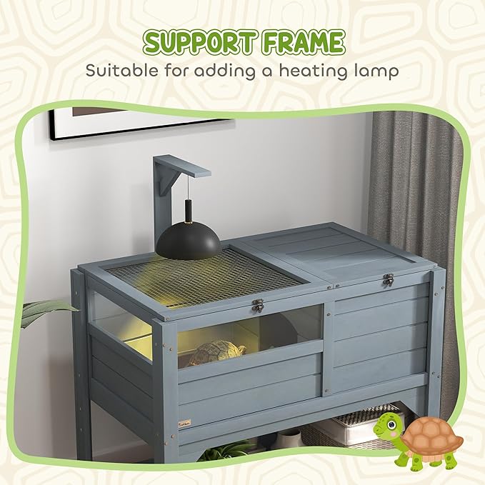 PawHut Tortoise Habitat with Shelf Storage, Reptile Enclosure with Tray, Light Support Frame, Gray