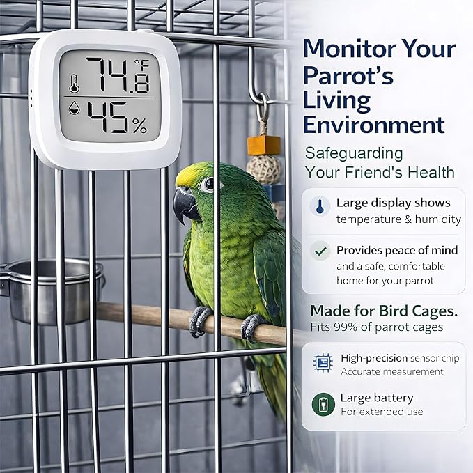 Bird Cage Thermometer,Parrot Cage Hygrometer,Pet Cage Temp Humidity Gauge,Easily Mounts on Cage,Clear Temp & Humidity,°F/°C Switch,for Bird,Hamsters,Rabbits,Guinea Pigs,and other Pet Cages (White)
