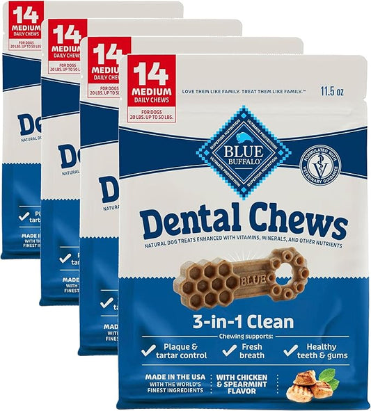 Blue Buffalo Medium Dental Chews for Dogs, Daily Dental Care Dog Treats Made in The USA with Natural Ingredients, Chicken & Spearmint (14 Count) (Pack of 4)