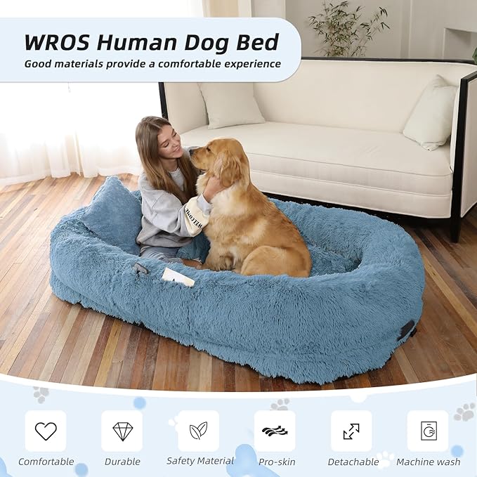 Human Dog Bed, 71''x45''x12'' Size Fits You and Pets, Washable Faux Fur Pet Bed for People Doze Off, Napping Orthopedic Dog Bed, Present Plump Pillow, Blanket, Strap - Navy