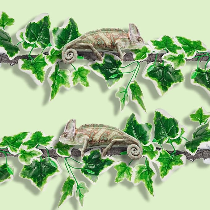 BNOSDM 2PCS Reptile Climbing Branch, Bendable Jungle Vine with Leaves Terrarium Plant Decoration with Suction Cup Chameleon Cage Accessories for Gecko Lizard Bearded Dragons Snake (White Vein Ivy)
