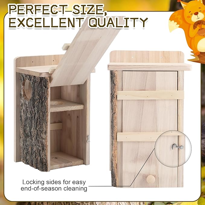Wonderjune 1 Pcs Large Squirrel Nesting Box Squirrel House for Outside Nesting Hanging Handcraft Thick Wood Winter Chipmunk Outdoor Shelter Garden Yard Support Local Wildlife Easy Install