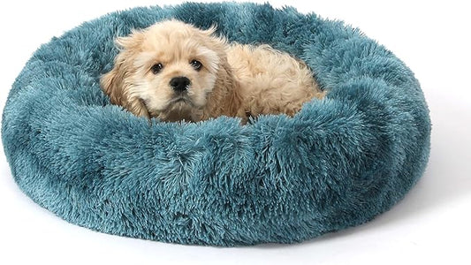 NOYAL Calming Donut Dog Bed for Small to Medium Dogs & Cats - Plush Faux Fur Anti-Anxiety Pet Bed with Machine Washable Cover & Non-Slip Base