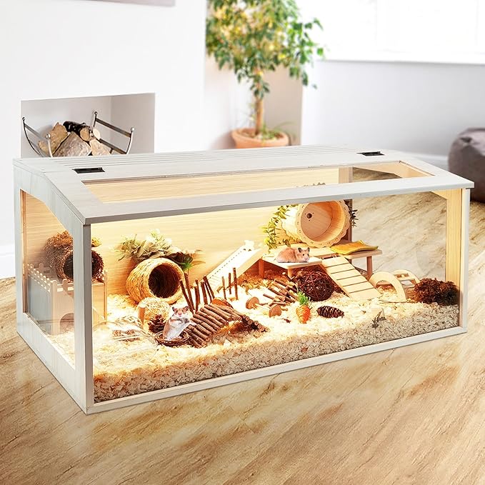 PROLEE Hamster Cage with Chewproof Wood Top, Guinea Pig Cages, Hamster Habitat with Clear Acrylic Sheets Solid Built, Small Animal Cage (Oak, 48X19.5X19.5 inch)