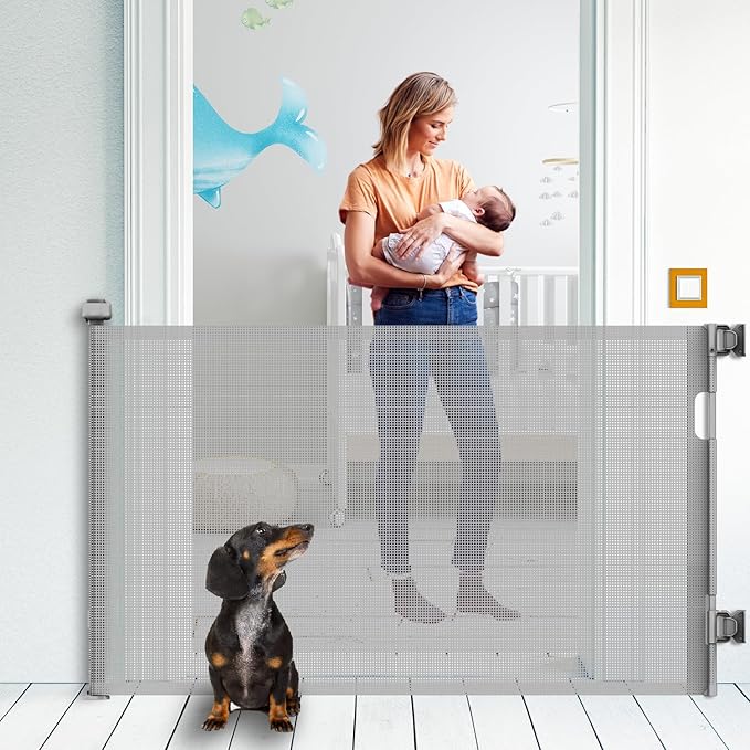 Retractable Baby Gate, Mesh Baby Gate or Mesh Dog Gate, 33" Tall Extends up to 55" Wide, Child Safety Gate for Doorways, Stairs, Hallways, Indoor/Outdoor (Grey, 86CMx140CM)