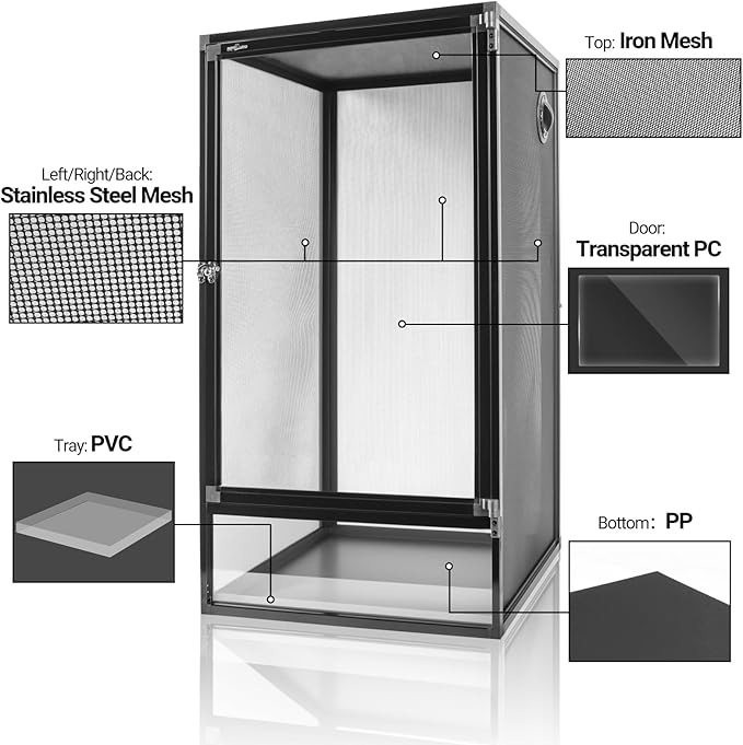 REPTI ZOO 16" x 16" x 30" Reptile Tank, Deluxe Foldable Screen Cage, 34 Gallon Vertical Terrarium with Fogger & Cable Pass, Tall Enclosure for Chameleon, Tree Frog, Crested Gecko, Arboreal Reptiles