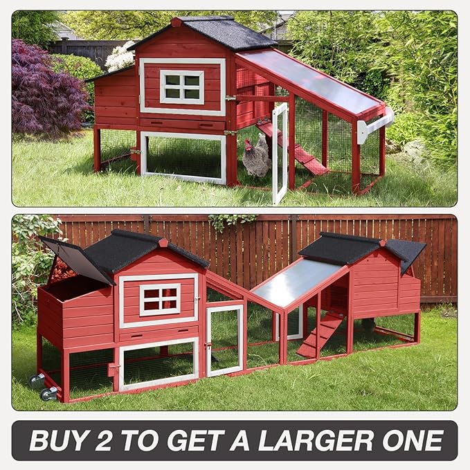 Wooden Chicken Coop with Run, Mobile Chicken House with Wheels, Outdoor Hen Poultry Cage with Leak-Proof Tray and Nesting Box, Lager Chicken Coops with UV-Resistant Roof for 2-3 Chickens (Red)