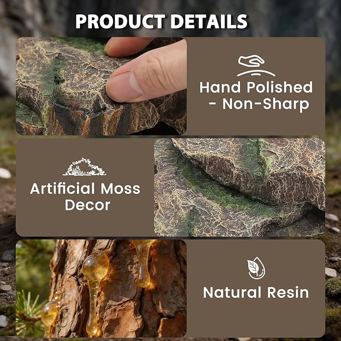Resin Reptile Cave Hideout, Rock-Style Basking Platform, Aquarium and Terrarium Decor, Ideal for Reptiles, Amphibians and Fish