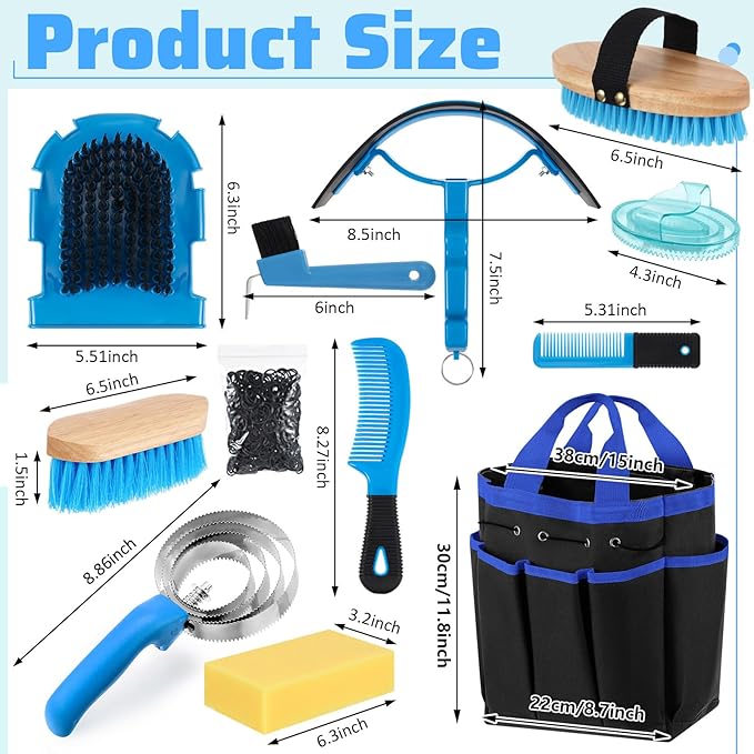 Abbylike 12 Pieces Horse Grooming Kit with Organizer Tote Bag Tack Room Supplies Horse Brush Sets Equine Care Cleaning Kit Shedding Grooming Massaging Tools(Blue)