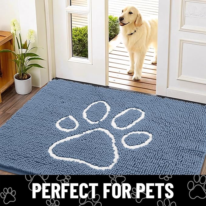 Smiry Dog Door Mat for Muddy Paws, Absorbent Dirt Trapper Non Slip Quick Dry Washable Chenille Mat for Mud Dogs, Entry Rug for Indoor and Outdoor (70x24 Inches, Airy Blue and White)
