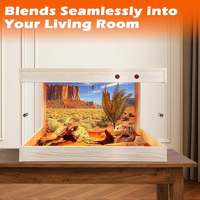 ROYXEN Reptile Tank, 30 Gallons Reptile Enclosure with Lockable Design, Tempered Glass Bearded Dragon Tank for Lizard Habitat, Soild Wood Built-in Sockets (Oak, 23.5"x15.5"x15.5")