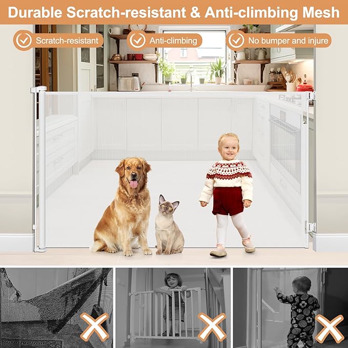 48" Tall Baby Gate for Doorway Retractable Baby Gate No Bottom Bar 4 Ft Extra Tall Gates for Cats 85" Wide Anti-Scratch Mesh Gates for Kids or Pets Prevent Dogs and Cats from Jumping Over, White