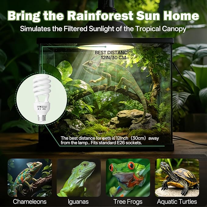 UVB Reptile Light 5.0: 26W Tropical & Subtropical UVA UVB Reptile Light Bulb, UVB Light for Reptiles Compact Fluorescent Terrarium Lamp,UVB Bulb for Chameleon Turtle Gecko Include UV Sensor Card