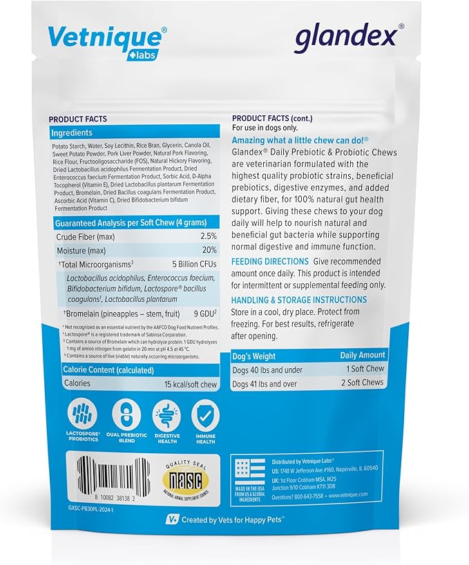 Vetnique Glandex Daily Probiotics for Dogs with Prebiotics to Support Gut Health, Diarrhea with Fiber and Digestive Enzymes, Probiotic Chews or Powders (30ct Chews, Probiotic Bacon Chews)