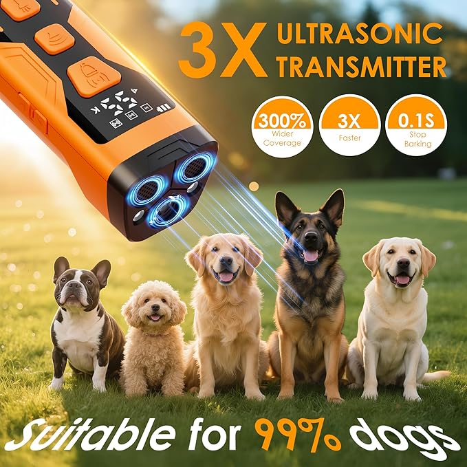 Anti Barking Device for Dogs, 3X Ultrasonic Dog Bark Deterrent Devices, 4 Frequencies 5 Training Modes 65ft Safer Alternatives to Bark Collars, Portable Design with Display for All Dogs (Blue)