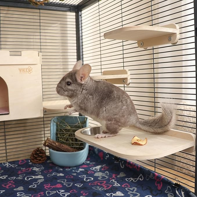 YKD Natural Wood Chinchilla Platform Set, Pet Cage Platform with Feeding Bowl, Small Animals Cage Accessories for Chinchillas, Squirrels, Gerbils, Sugar Gliders, Hamsters, Mice, Rats, Parrots