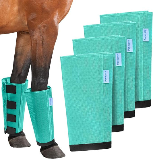 Mesh Horse Fly Boots Set of 4, Loose Fitting Leggings for Horses, Reduce Stressful Stomping, Breathable Adjustable and Universal Fit for 4 Legs, Reliable Stay Put (Mint)
