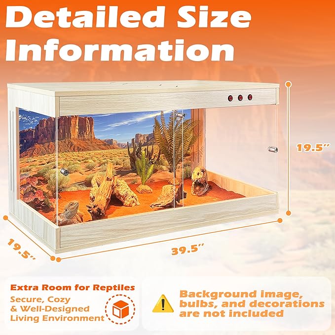 ROYXEN Reptile Tank, 64 Gallons Reptile Enclosure with Lockable Design, Tempered Glass Bearded Dragon Tank for Lizard Habitat, Soild Wood Built-in Sockets (Oak, 39.5"x19.5"x19.5")