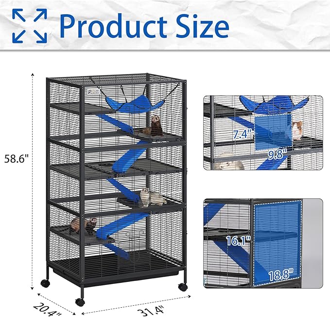 Polar Aurora Metal Small Animal Cage, 59" H Ferret Cage with Lockable Wheels, Deluxe Chinchilla Cages with Hammock and Removable Tray, 6 Tiers Animal Cages for Pets
