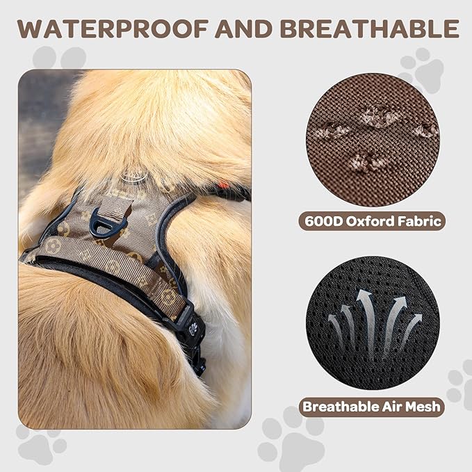 FURRYFECTION Plaid Dog Harness for Medium Dogs, Reflective No Pull Adjustable Pet Vest with Front Clip, Leash, Easy Control Handle and Seat Belt, Dark Brown, M