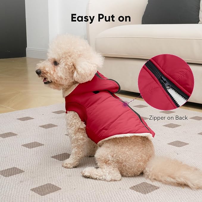 Vecomfy Fleece Lining Dog Hoodie with Harness Built in,Extra Warm Medium Dog Jacket in Winter Doggie Coats with Hooded,Red L