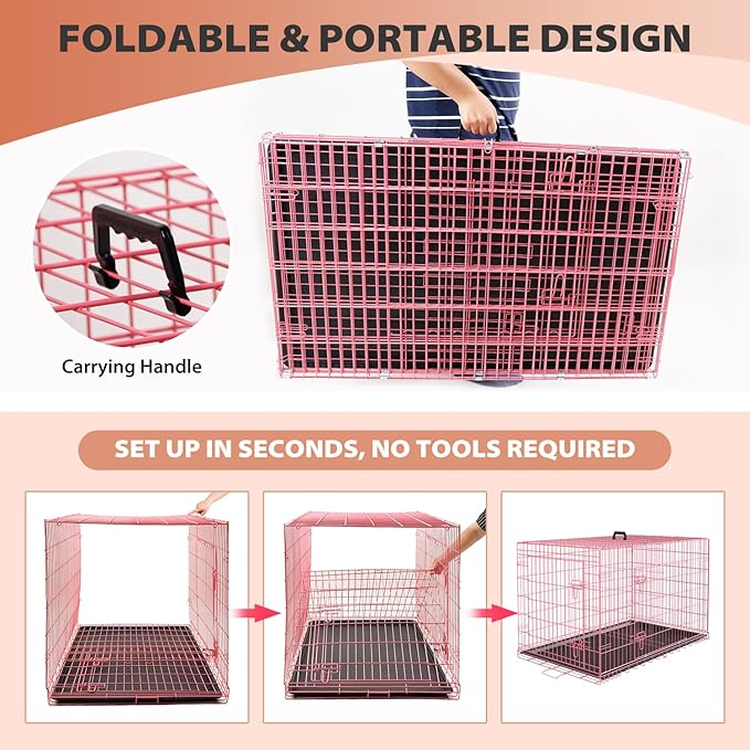 BestPet 30 Inch Dog Crates for Small Medium Dogs Folding Metal Wire Crates Dog Kennels Outdoor and Indoor Pet Dog Cage Crate with Double-Door,Divider Panel, Removable Tray and Handle,Pink