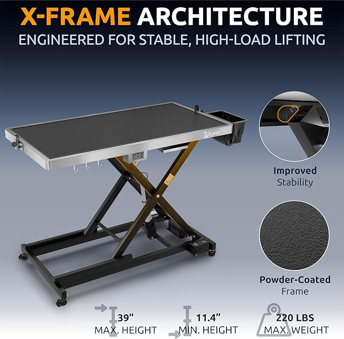 KANIS Professional Electric Dog Grooming Table - Heavy Duty, Height Adjustable Pet Grooming Table w/Leveling Wheels, Grooming Arm, Anti-Slip Tabletop & Tool Organizer/Dog Grooming Station (Black, 49")
