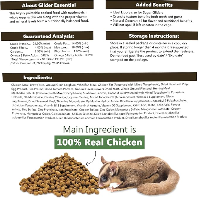 Exotic Nutrition Sugar Glider Essential Deluxe Food Starter Package - Chicken Based High Protein Kibble, Healthy Dried Vegetable Mix, Instant-HPW Enriched Powdered Diet