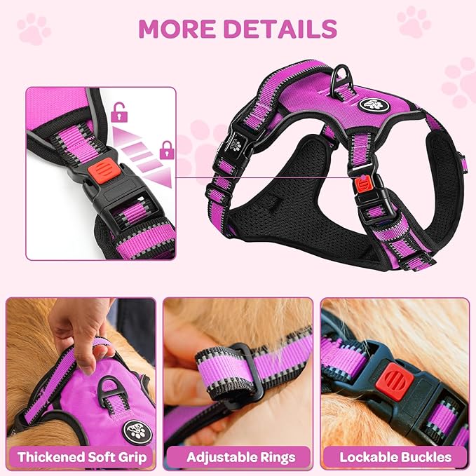 FURRYFECTION Plaid Dog Harness for Small Dogs, Reflective No Pull Adjustable Pet Vest with Front Clip, Leash, Easy Control Handle and Seat Belt, Rose, S