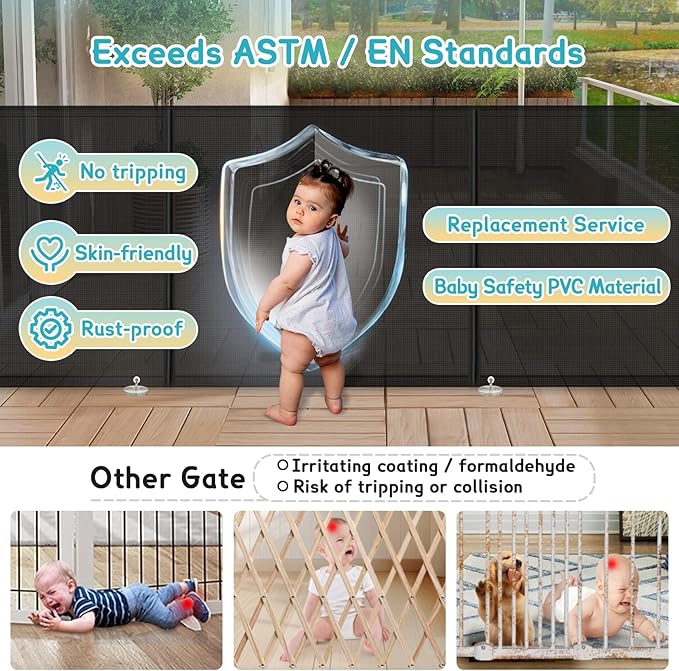 180'' Retractable Baby Gates Extra Wide,42" Extra Tall Retractable Dog Gate for Doorways,Safety Upgrade 15 Foot Extra Long Retractable Baby Gate for Stairs, Black Indoor/Outdoor Retractable Gate