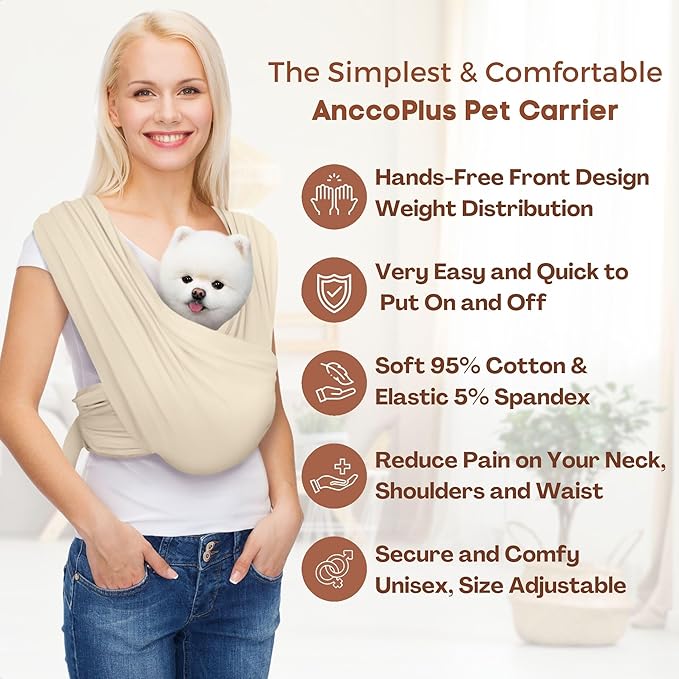 AnccoPlus Dog Carriers for Small Dogs, Front Facing Dog Sling Carrier, Hands Free Cat Carrier, Size Adjustable, Reducing Back Pain, Premium Cotton, Safe and Soft Dog Carrier (Regular, Beige)