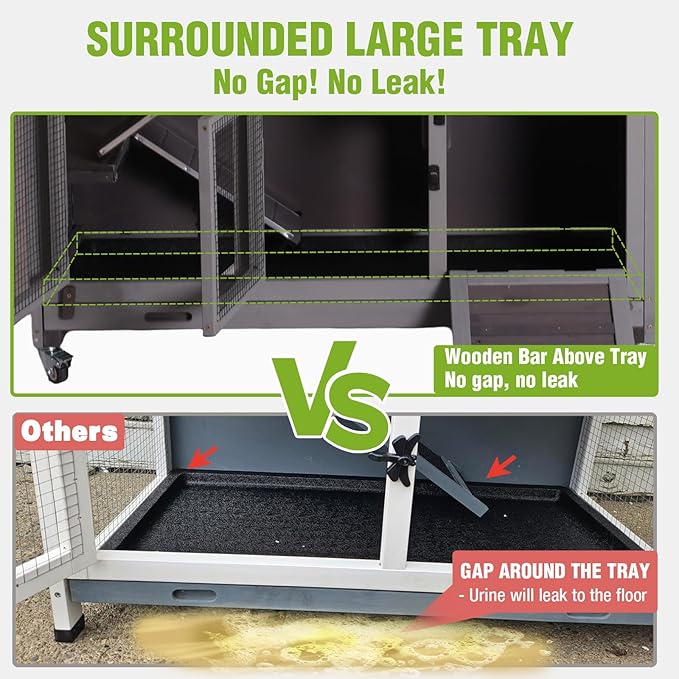 GUTINNEEN Rabbit Hutch Mobile Bunny Cage with Large Wheels, Chewproof Ramp, Leak Proof Trays – Ideal Cage for Rabbits, Guinea Pigs, Indoor/Outdoor Use, 44" L x 20" W x 41.5" H