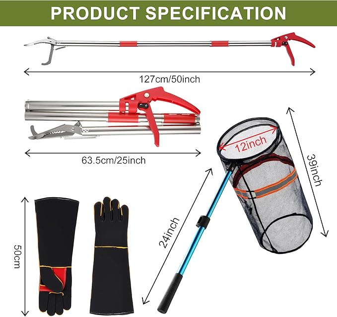 Qualirey Snake Grabber Tool Set, 50" Foldable Snake Tongs and 16"-24" Extendable Catcher Net with Handling Gloves, Professional Reptile Heavy Duty Catcher Wide Jaw Handling Tool